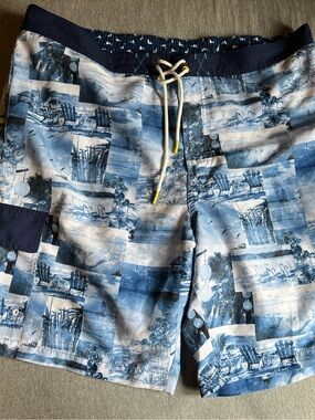 Tommy Bahama Blue and White Scenic Print Swim Board Shorts